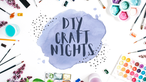 DIY Craft Nights on white background with watercolor paint and paint brushes.