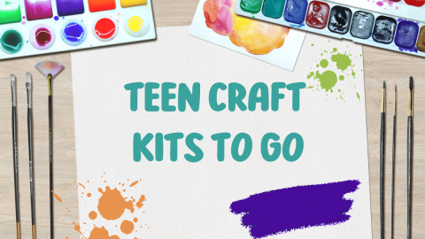 White paper saying Teen Craft Kits to Go surrounded by water color palettes and paint brushes.