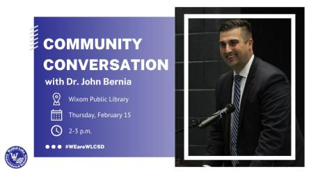 community conversation with photo of Dr. John Bernia in a suit