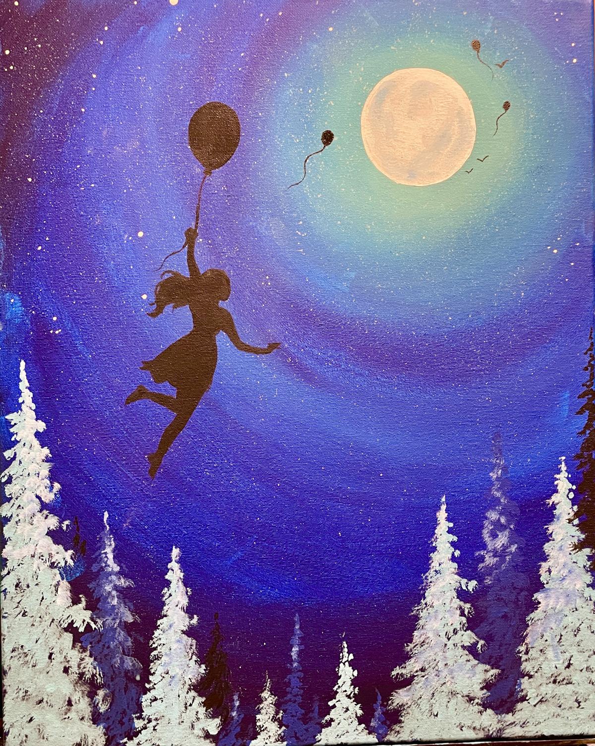 Painting of girl floating toward moon with a balloon at night with trees below